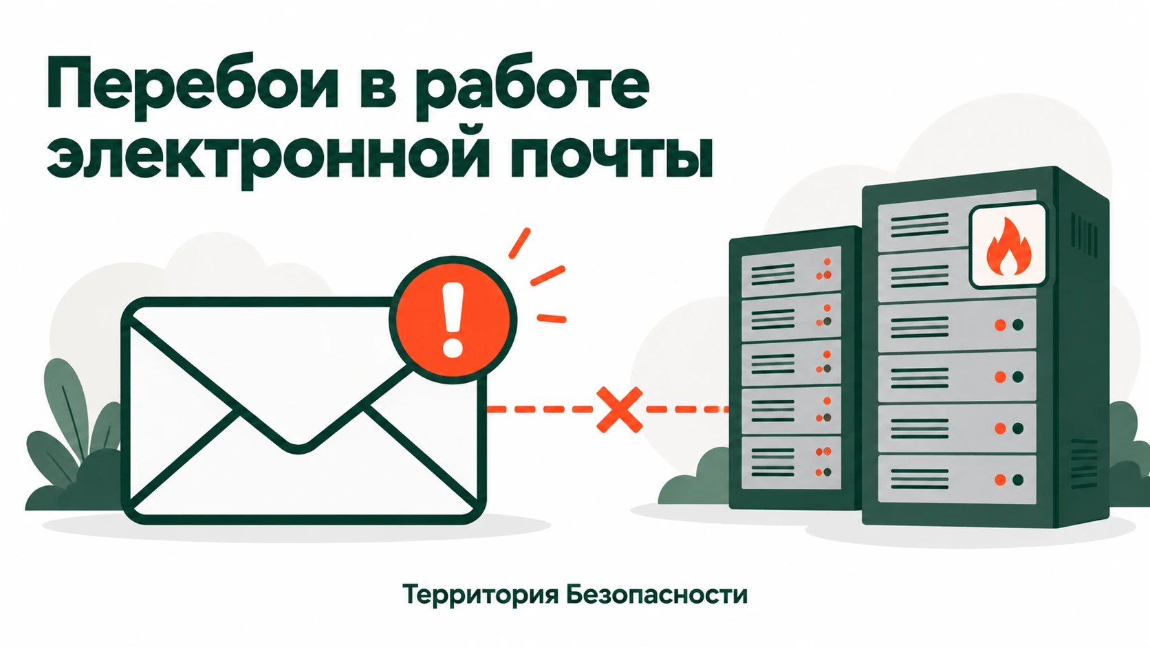 Перебои в работе электронной почты «Территории Безопасности»: конверт со знаком предупреждения и серверные стойки.