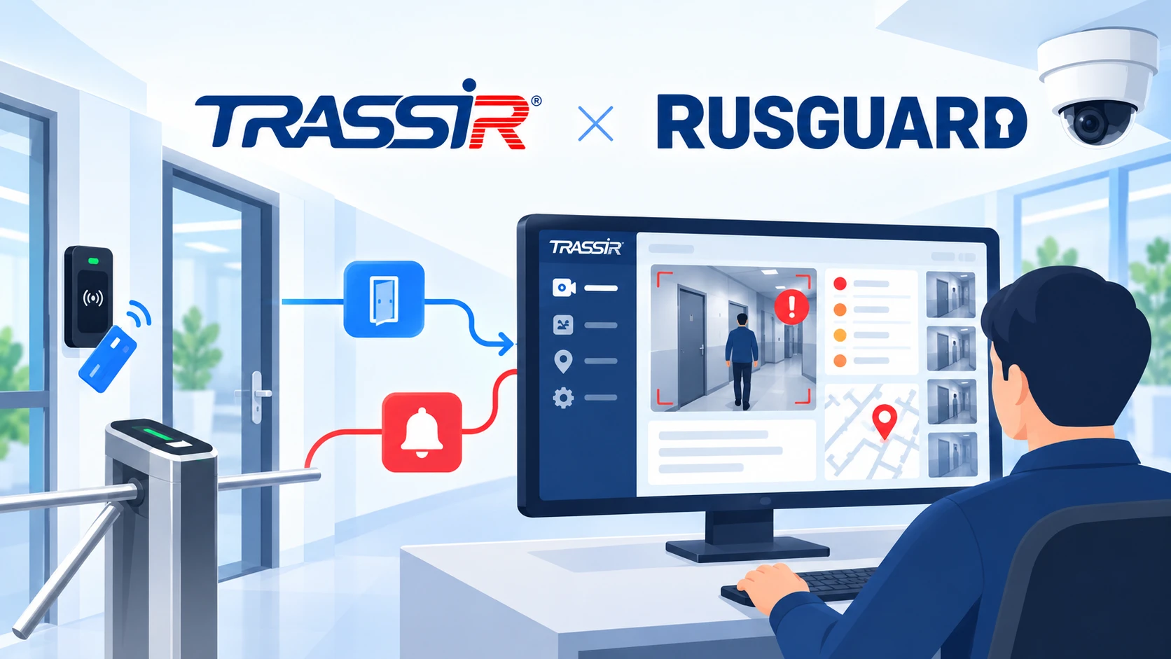 Интеграция TRASSIR и RusGuard — объединение видеонаблюдения и СКУД для контроля доступа, отображения тревожных событий и управления безопасностью объекта через единый интерфейс.