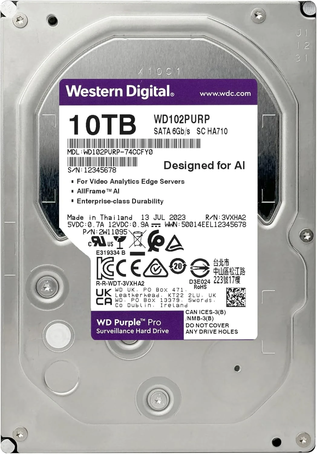 WD Purple Pro WD102PURP 10TB — жесткий диск, этикетка модели крупным планом