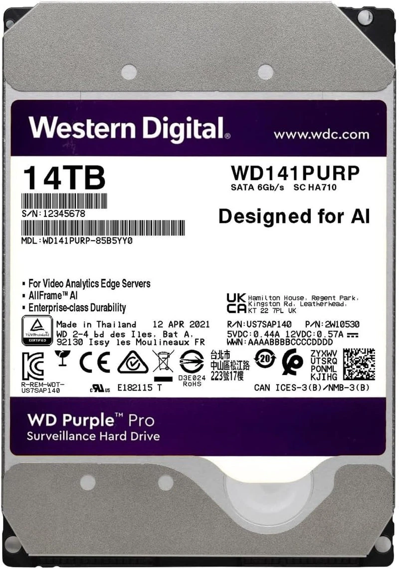 WD Purple Pro WD141PURP 14TB — жесткий диск, этикетка модели крупным планом