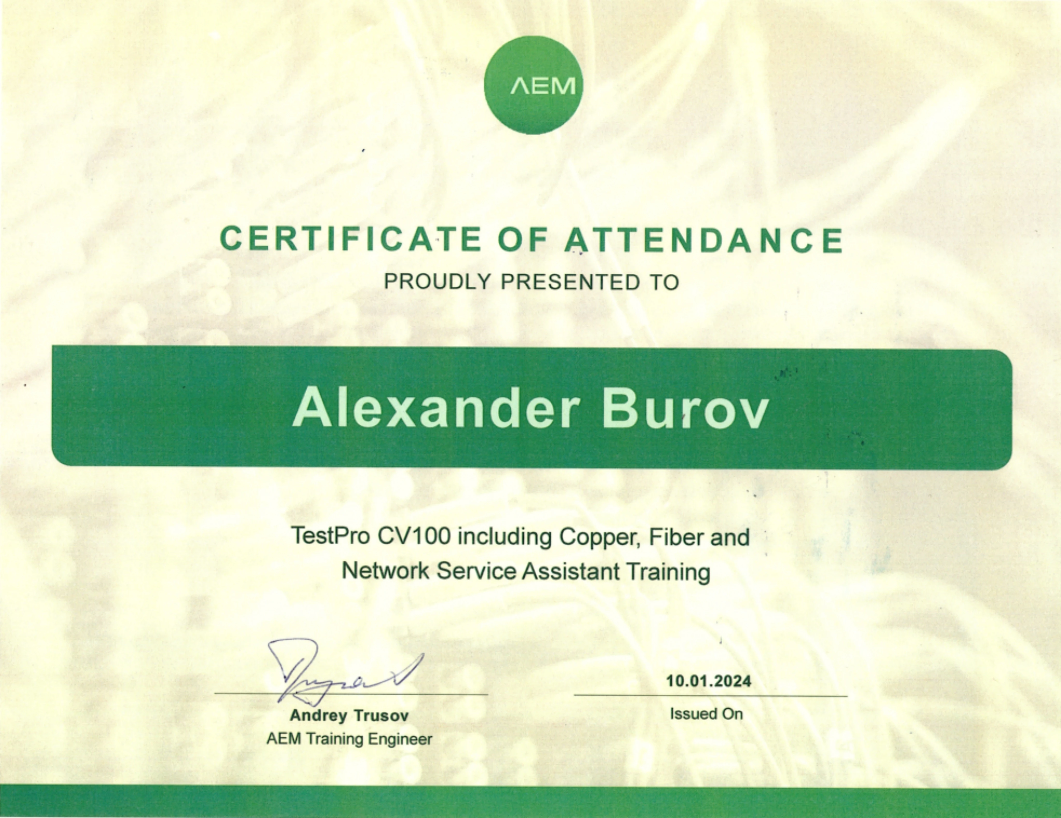 Сертификат AEM TestPro CV100