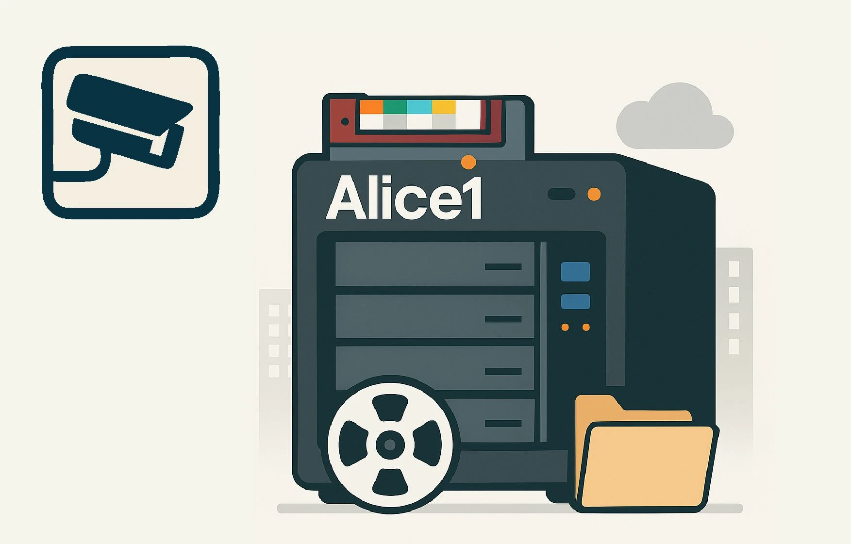 Иллюстрация системы хранения Cozaint ALICE1 в минималистичном стиле с иконкой камеры видеонаблюдения и папкой для данных