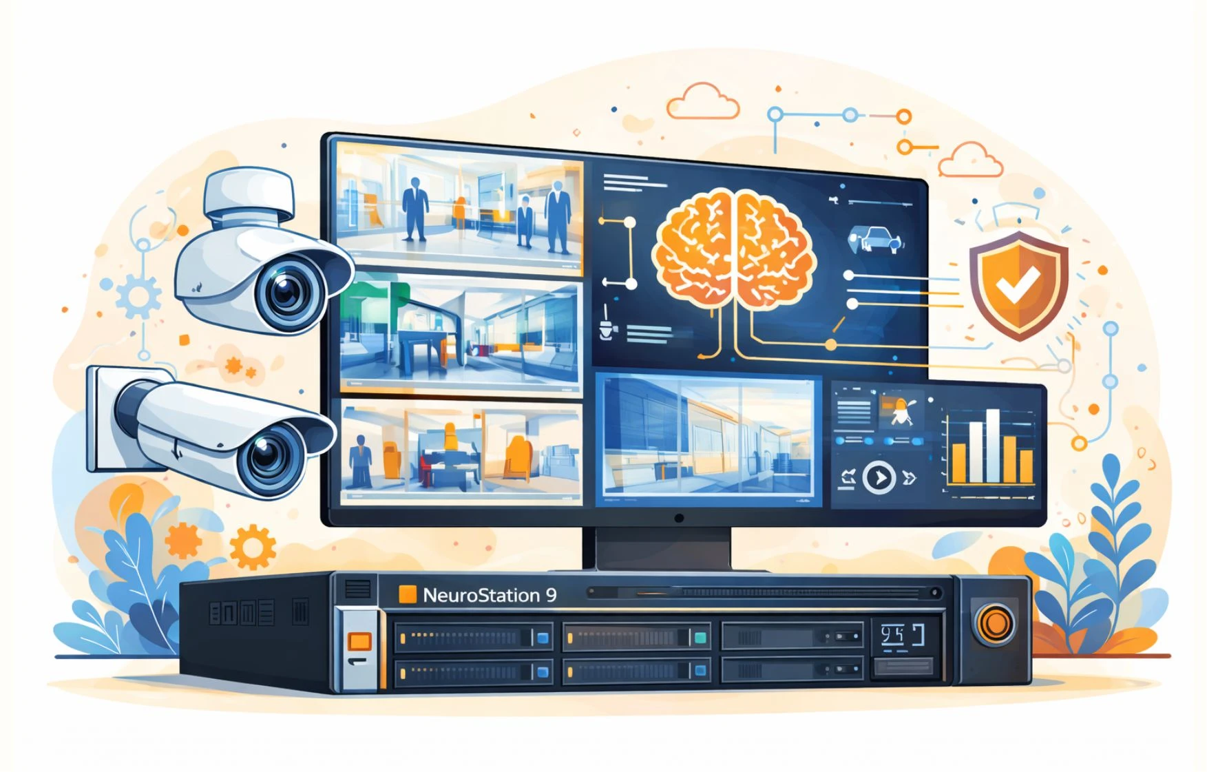 Иллюстрация интеллектуального видеорегистратора NeuroStation 9 с нейросетевой видеоаналитикой и камерами видеонаблюдения