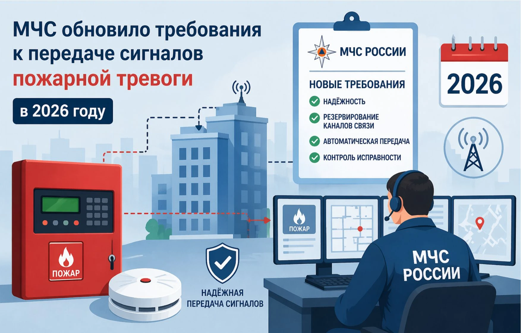Передача сигналов пожарной тревоги на пульт мониторинга по новым требованиям МЧС России в 2026 году