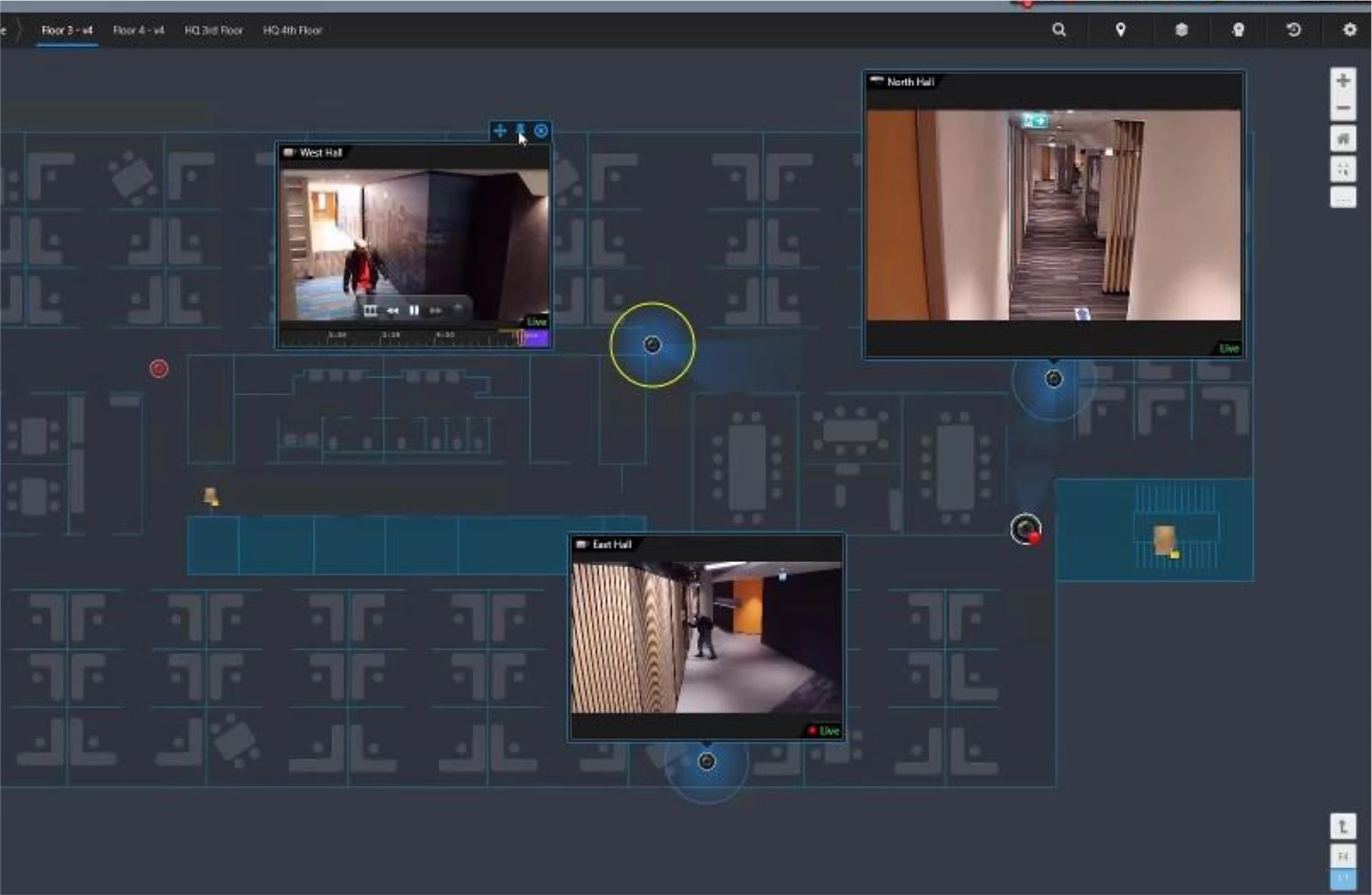 Интерфейс Genetec Omnicast с отображением камер видеонаблюдения на плане объекта