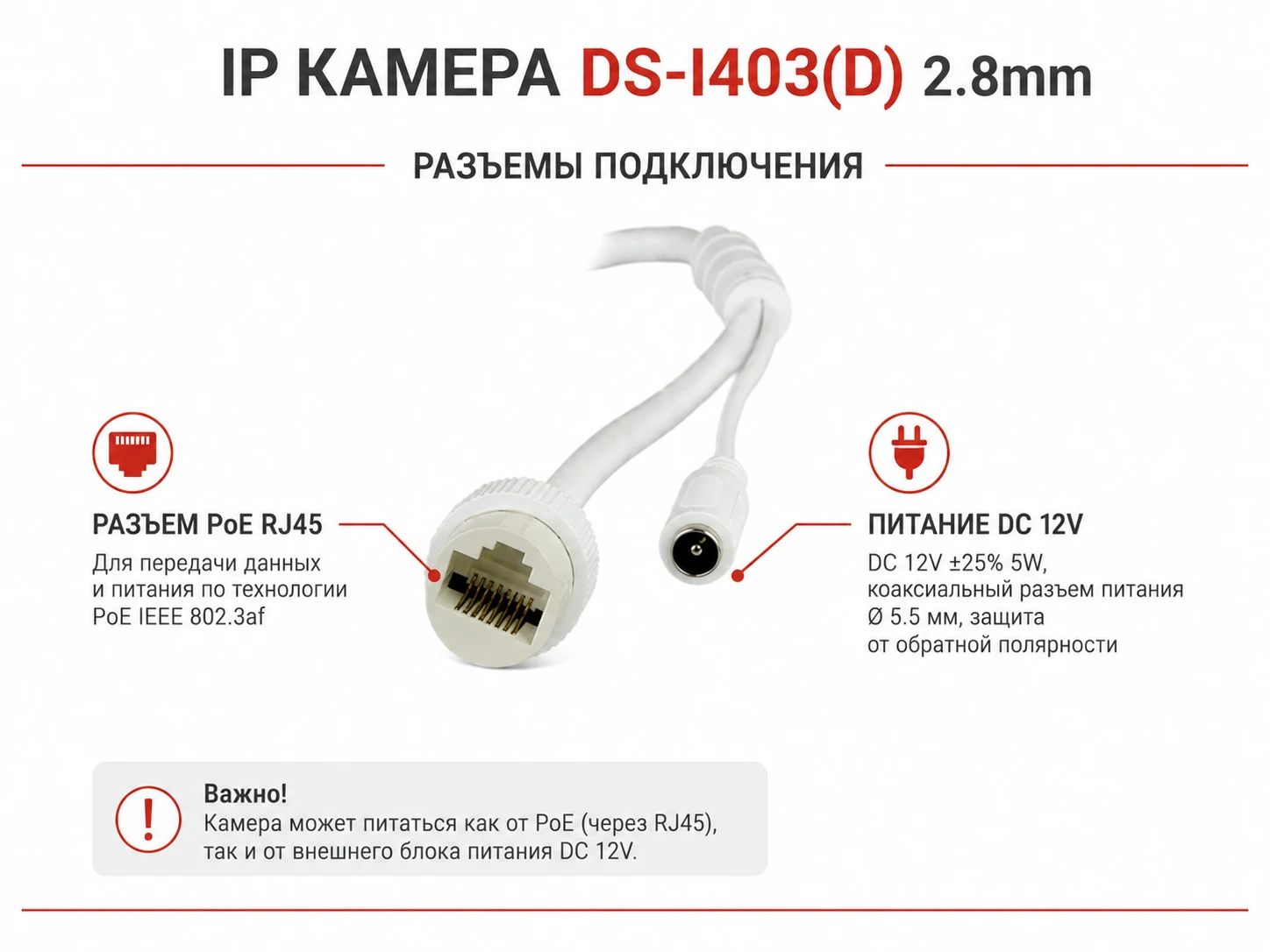 Разъемы подключения HiWatch DS-I403(D) 2.8mm: PoE RJ45 и питание DC 12V