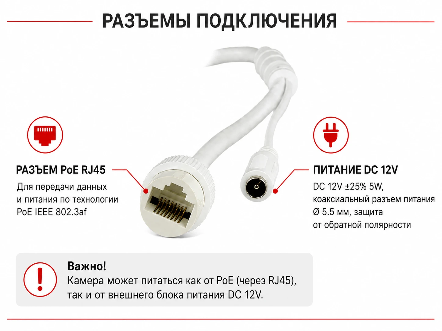 Разъемы подключения IP-камеры HiWatch DS-I400(B) 2.8mm: PoE RJ45 для передачи данных и питания, DC 12V для внешнего блока питания