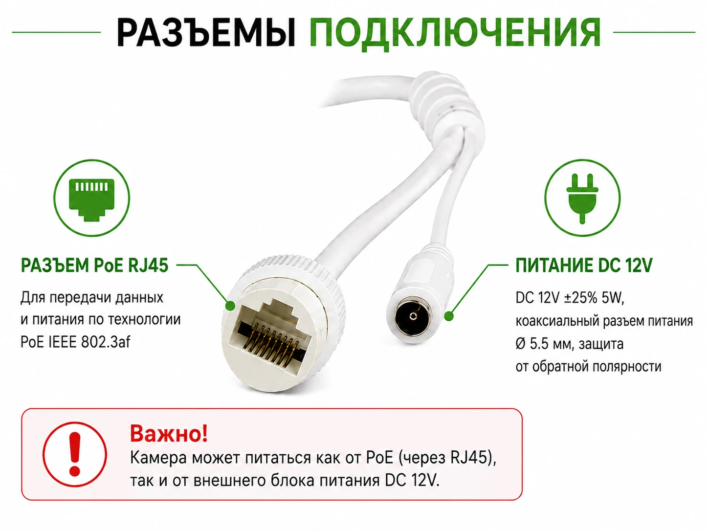 Разъемы подключения IP-камеры Tiandy TC-C320N I3EY (2.8mm): RJ45 PoE и питание DC 12V