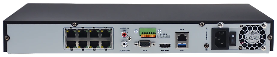 Задняя панель видеорегистратора Hikvision DS-7608NI-K2/8P с PoE-портами и разъемами подключения