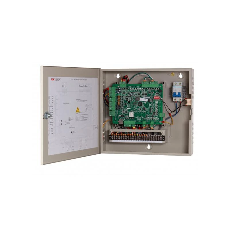 Контроллер Hikvision DS-K2604-G с открытой дверцей и платой управления
