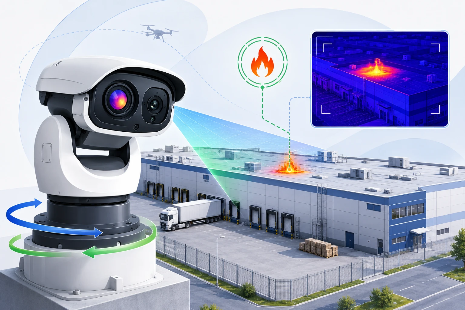 Биспектральная PTZ-камера Smartec с тепловизором обнаруживает возгорание на крыше склада.
