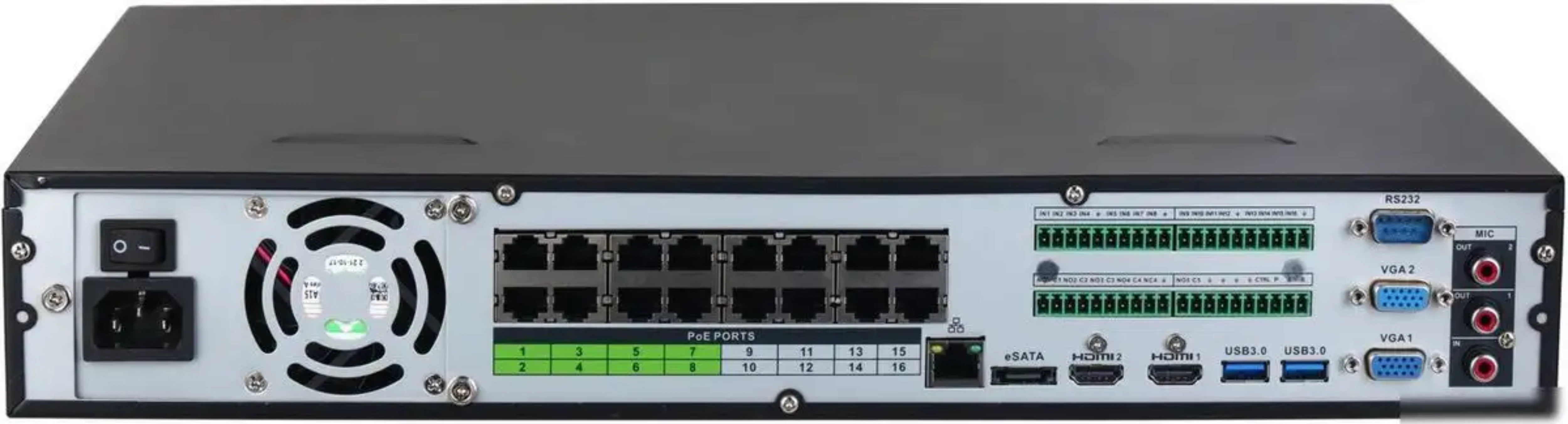 Задняя панель видеорегистратора Dahua DHI-NVR5432-16P-EI с 16 PoE-портами