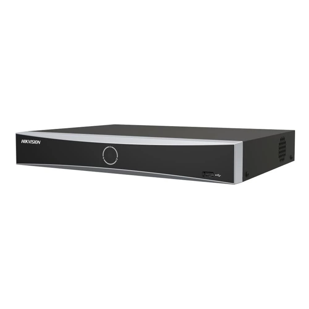 Сетевой видеорегистратор Hikvision DS-7604NXI-K1/4P(D) с четырьмя PoE-портами и интеллектуальной видеоаналитикой, вид спереди и справа