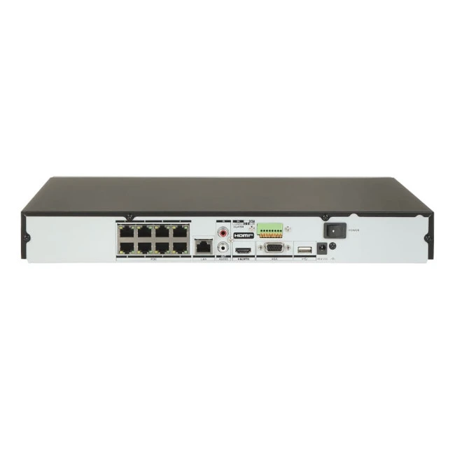 Задняя панель видеорегистратора Hikvision DS-7608NXI-K2/8P(D) с восемью PoE-портами и интерфейсами подключения
