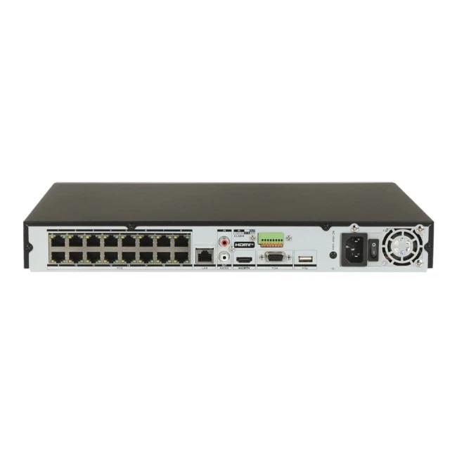 Задняя панель видеорегистратора Hikvision DS-7616NXI-K2/16P(D) с 16 PoE-портами и интерфейсами подключения