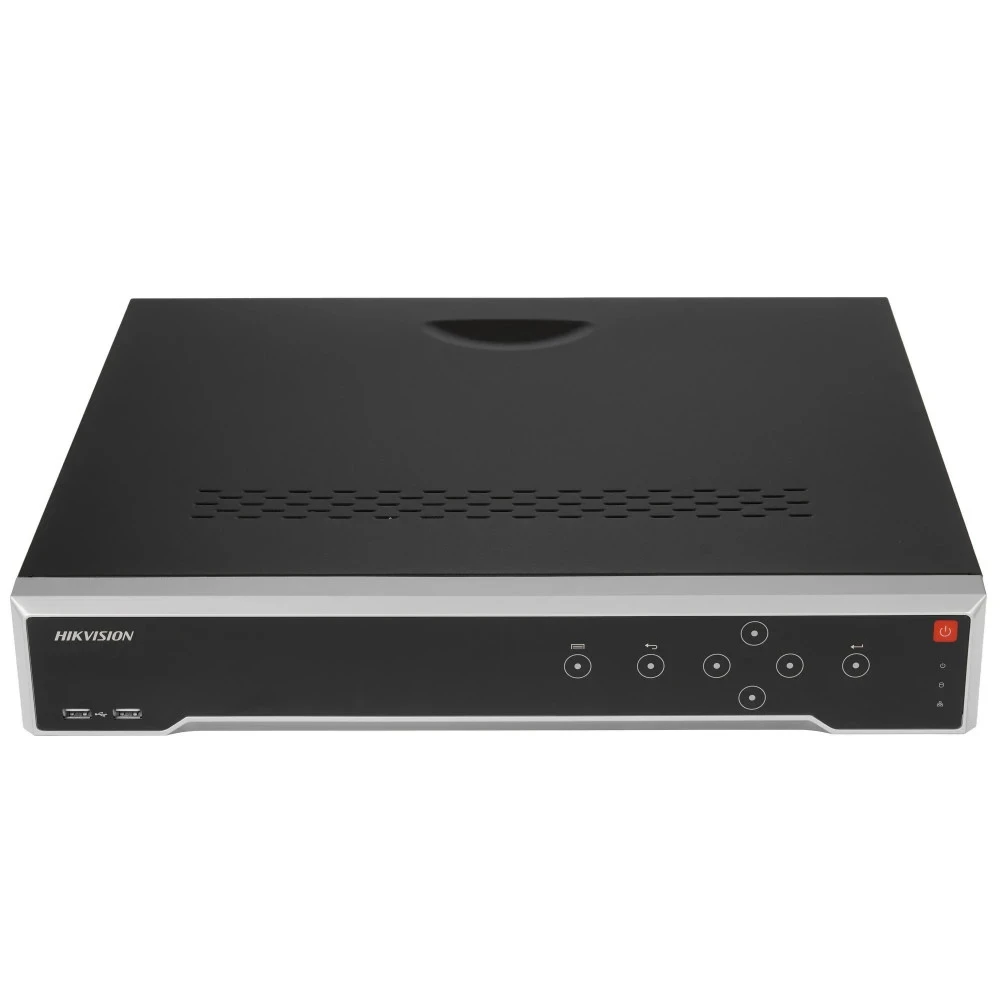 Сетевой видеорегистратор Hikvision DS-7732NI-M4/16P с кнопками управления на передней панели, вид спереди и сверху