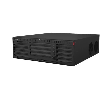 Сетевой видеорегистратор Hikvision DS-9632NI-M16 на 32 канала с отсеками для жёстких дисков, вид спереди и справа