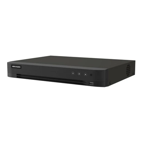 Гибридный видеорегистратор Hikvision iDS-7204HTHI-M1/XT/4A+4/1ALM на 4 канала с интеллектуальной видеоаналитикой, вид спереди и справа