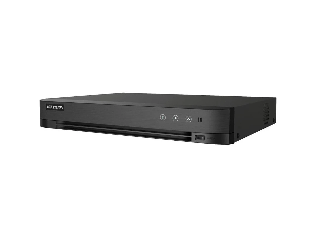 Гибридный видеорегистратор Hikvision iDS-7208HQHI-M1/XT/4A+8/4ALM на 8 каналов с интеллектуальной видеоаналитикой, вид спереди и справа