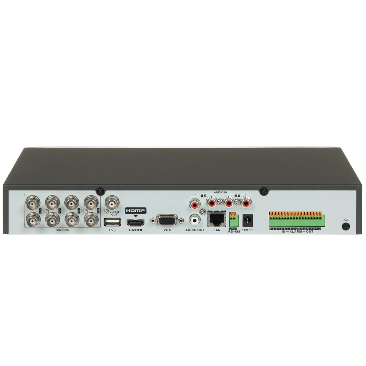 Задняя панель видеорегистратора Hikvision iDS-7208HQHI-M1/XT/4A+8/4ALM с видеовходами, аудиоразъёмами и тревожными интерфейсами