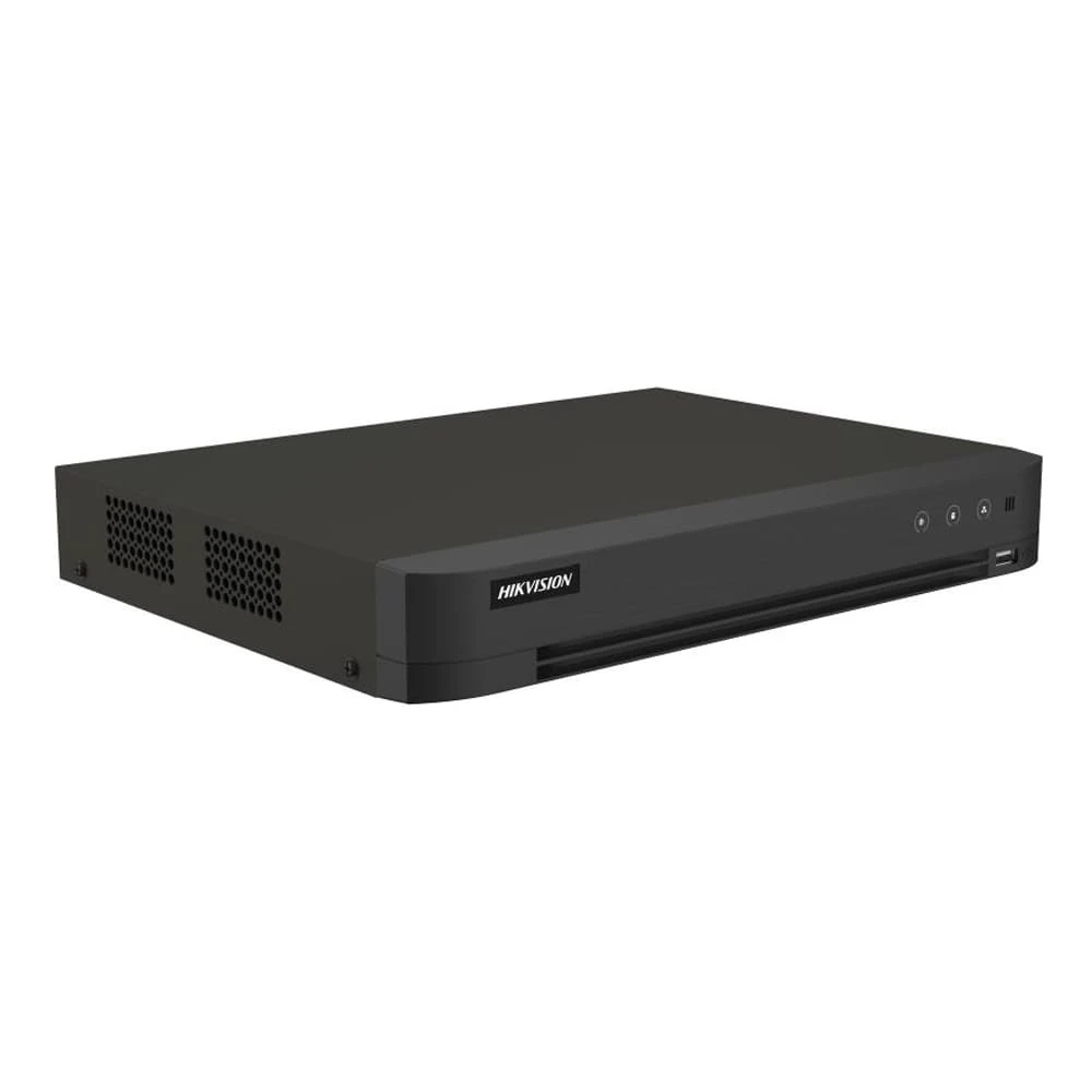 Гибридный видеорегистратор Hikvision iDS-7216HQHI-M1/XT на 16 каналов с интеллектуальной видеоаналитикой, вид спереди и слева