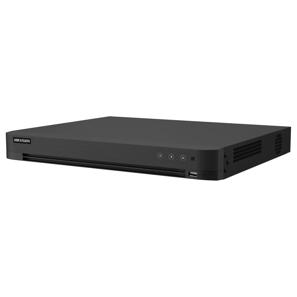 Гибридный видеорегистратор Hikvision iDS-7216HQHI-M2/XT/16A+16/4ALM на 16 каналов с интеллектуальной видеоаналитикой, вид спереди и справа