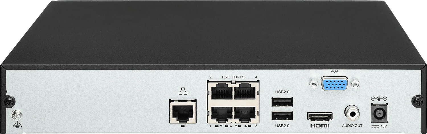 Задняя панель LTV-1RN0410-P с разъёмами PoE, LAN, HDMI, VGA, USB и аудиовыходом